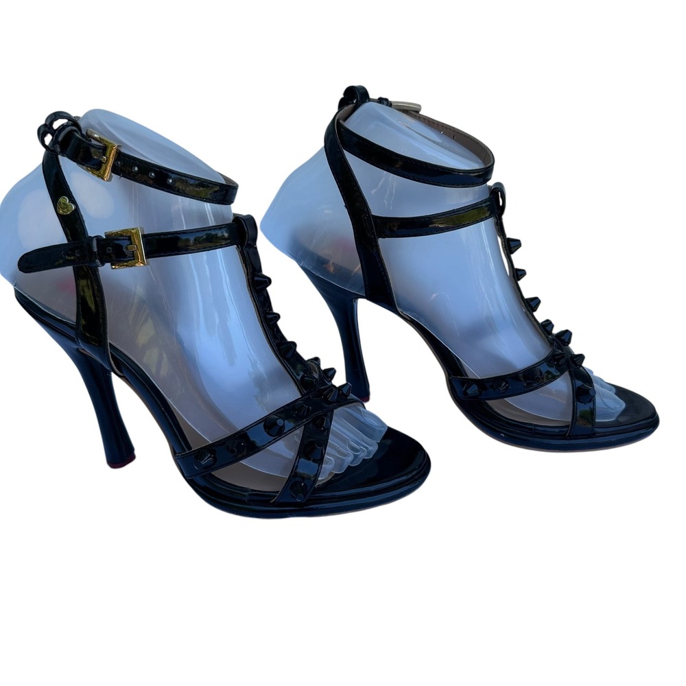 Love Moschino Black Patent Spike T-Strap Sandals Whimsigoth Edgy Glam IT 36 US 6